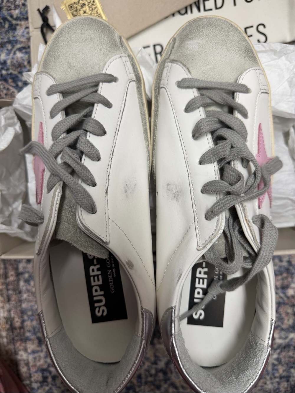 Golden Goose White Leather Sneakers with Pink Star Accent